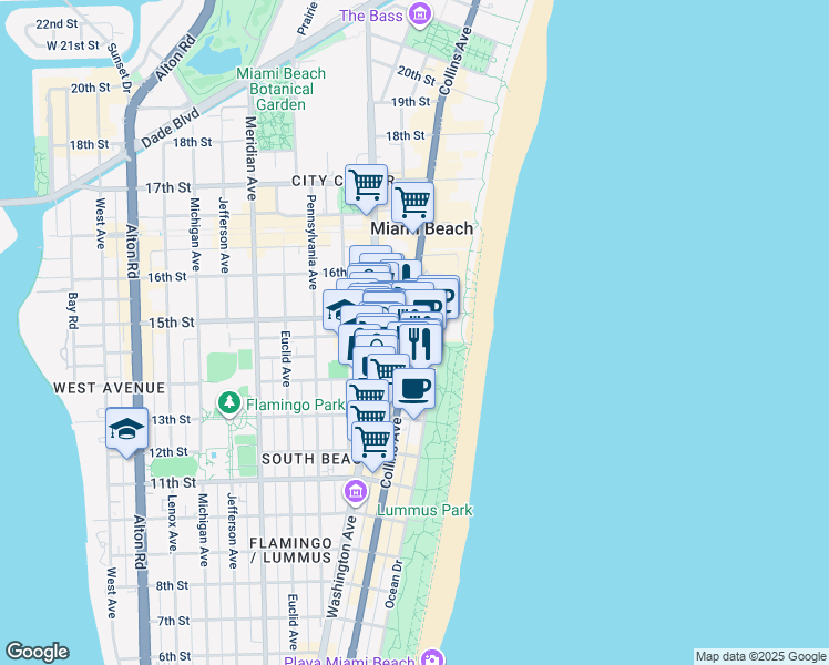 map of restaurants, bars, coffee shops, grocery stores, and more near 1451 Ocean Drive in Miami Beach