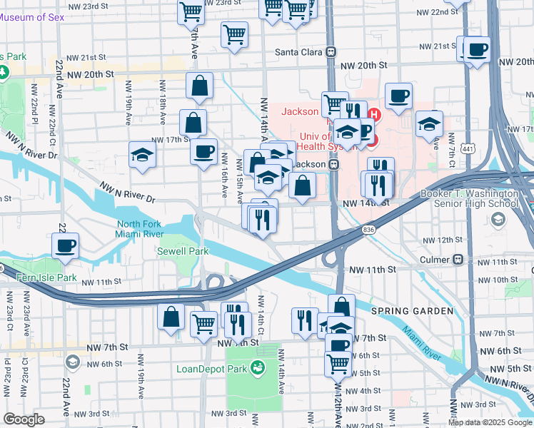map of restaurants, bars, coffee shops, grocery stores, and more near 1325 Northwest 14th Avenue in Miami