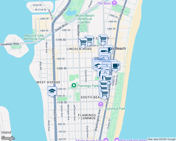 map of restaurants, bars, coffee shops, grocery stores, and more near in Miami Beach