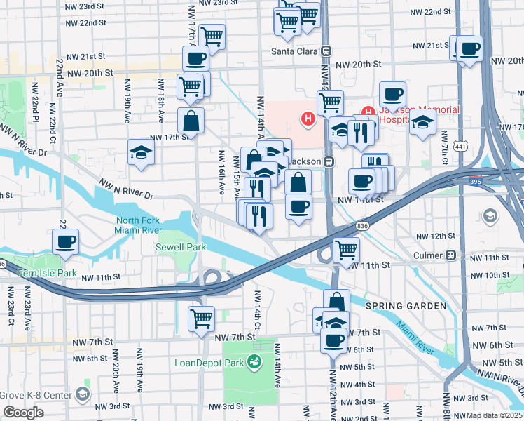map of restaurants, bars, coffee shops, grocery stores, and more near 1390 Northwest 14th Avenue in Miami