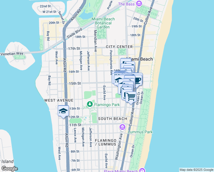 map of restaurants, bars, coffee shops, grocery stores, and more near in Miami Beach