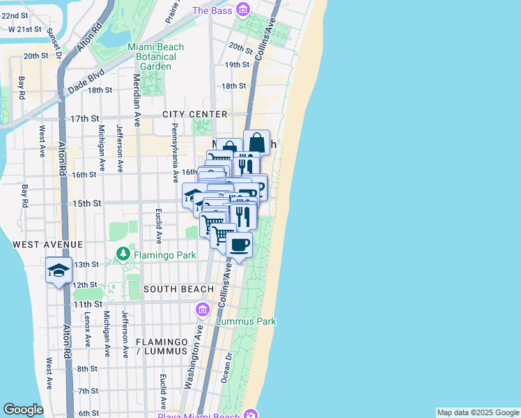 map of restaurants, bars, coffee shops, grocery stores, and more near 1451 Ocean Drive in Miami Beach