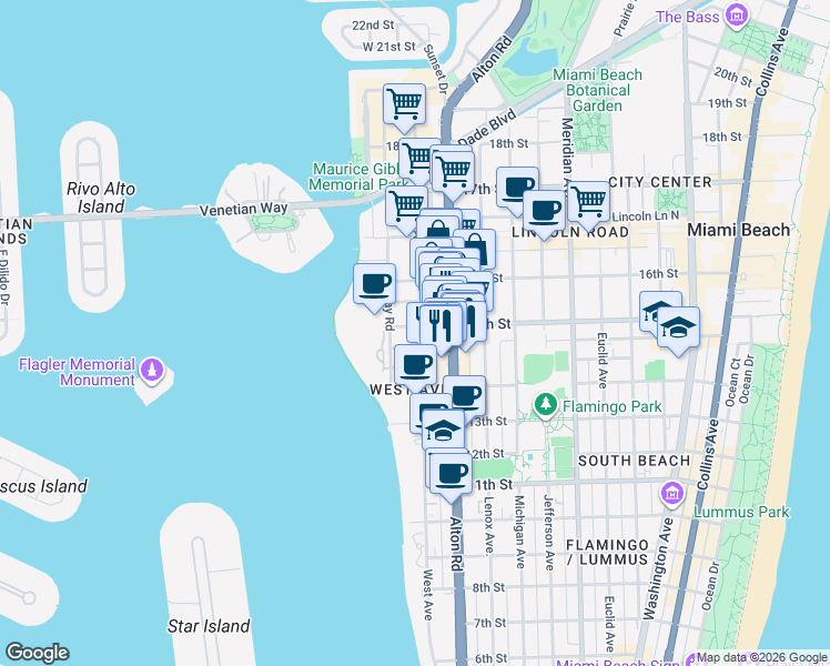 map of restaurants, bars, coffee shops, grocery stores, and more near 1435 West Avenue in Miami Beach