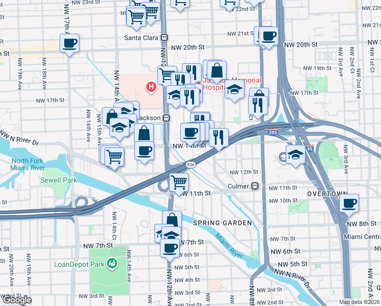 map of restaurants, bars, coffee shops, grocery stores, and more near 1120 Northwest 14th Street in Miami