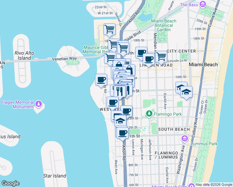 map of restaurants, bars, coffee shops, grocery stores, and more near 1435 West Avenue in Miami Beach