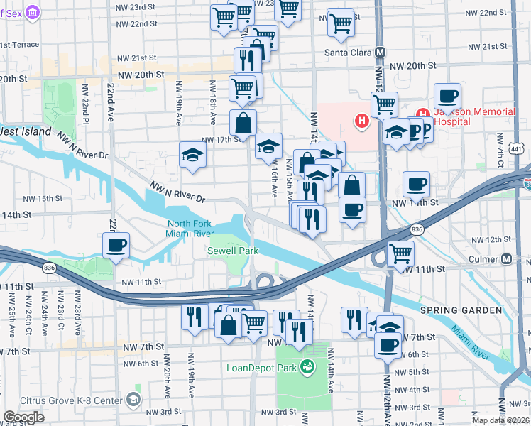 map of restaurants, bars, coffee shops, grocery stores, and more near 1600 Northwest North River Drive in Miami