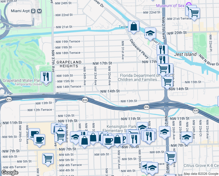 map of restaurants, bars, coffee shops, grocery stores, and more near 3232 Northwest 14th Street in Miami
