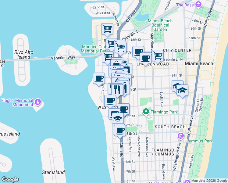 map of restaurants, bars, coffee shops, grocery stores, and more near 1435 West Avenue in Miami Beach