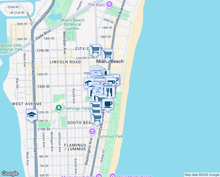 map of restaurants, bars, coffee shops, grocery stores, and more near 1451 Ocean Drive in Miami Beach