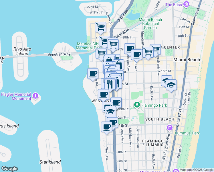 map of restaurants, bars, coffee shops, grocery stores, and more near 1435 West Avenue in Miami Beach