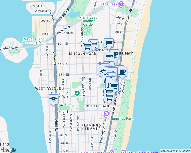 map of restaurants, bars, coffee shops, grocery stores, and more near in Miami Beach