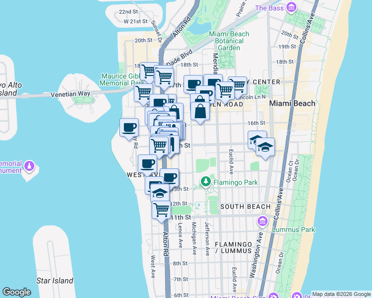 map of restaurants, bars, coffee shops, grocery stores, and more near 1432 Michigan Avenue in Miami Beach