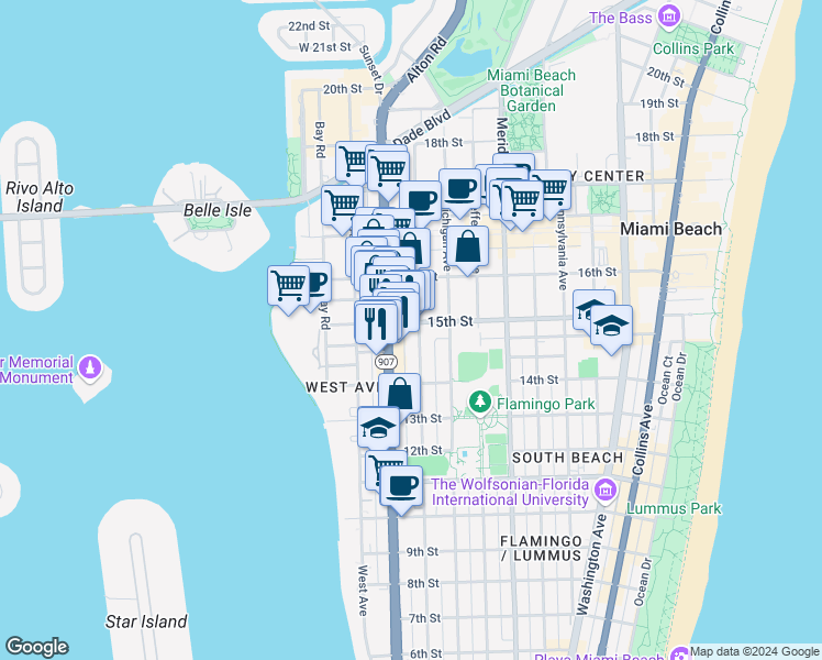 map of restaurants, bars, coffee shops, grocery stores, and more near 1439 Alton Road in Miami Beach