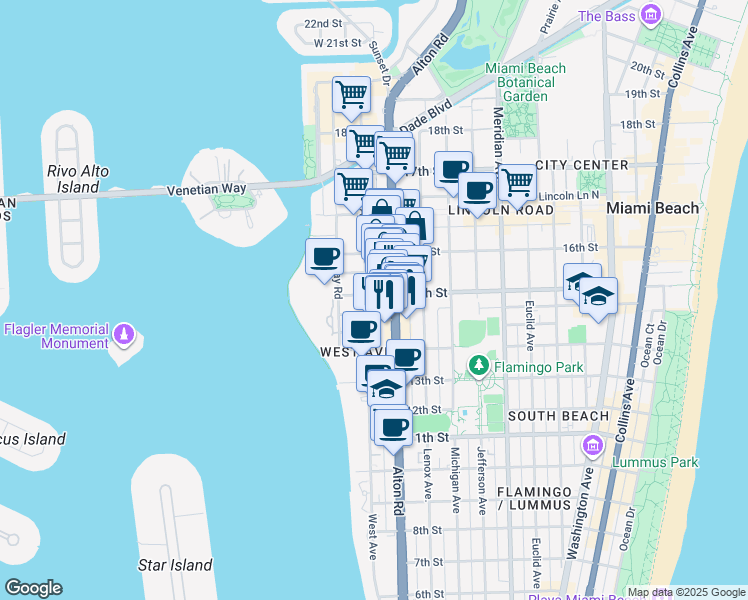 map of restaurants, bars, coffee shops, grocery stores, and more near 1435 West Avenue in Miami Beach