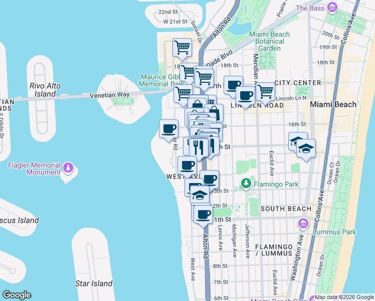 map of restaurants, bars, coffee shops, grocery stores, and more near 1435 West Avenue in Miami Beach