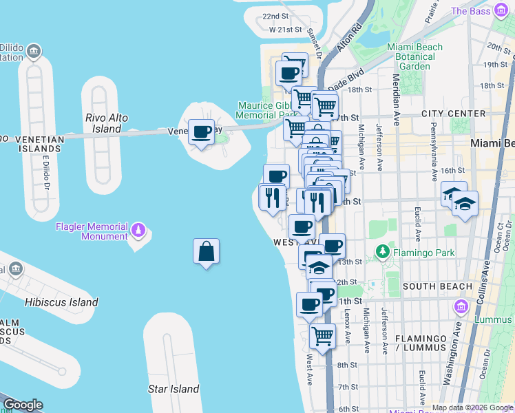 map of restaurants, bars, coffee shops, grocery stores, and more near 1500 Bay Road in Miami Beach