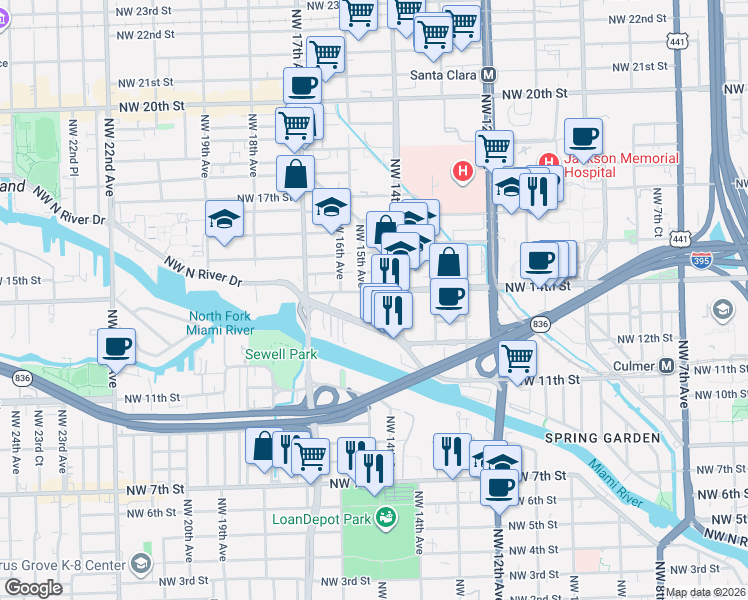 map of restaurants, bars, coffee shops, grocery stores, and more near in Miami