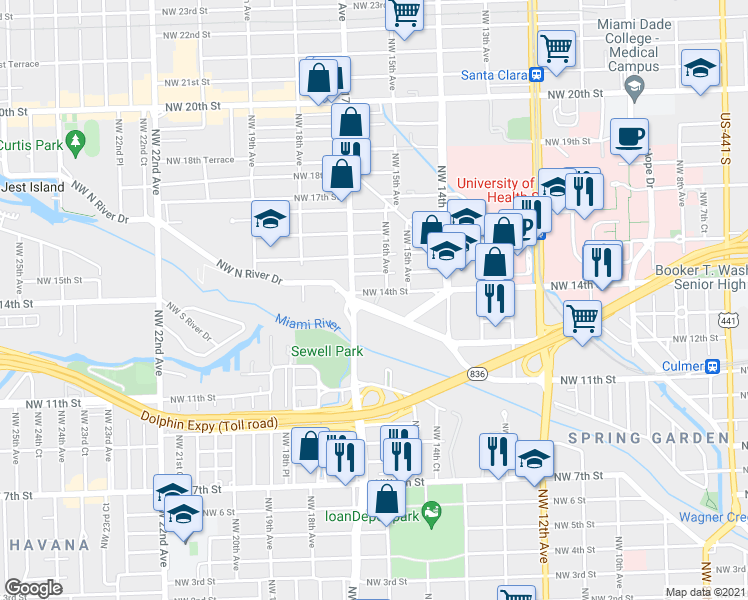 map of restaurants, bars, coffee shops, grocery stores, and more near 1600 Northwest North River Drive in Miami