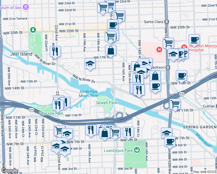 map of restaurants, bars, coffee shops, grocery stores, and more near 1750 Northwest North River Drive in Miami