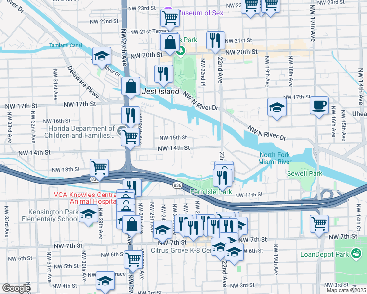 map of restaurants, bars, coffee shops, grocery stores, and more near in Miami