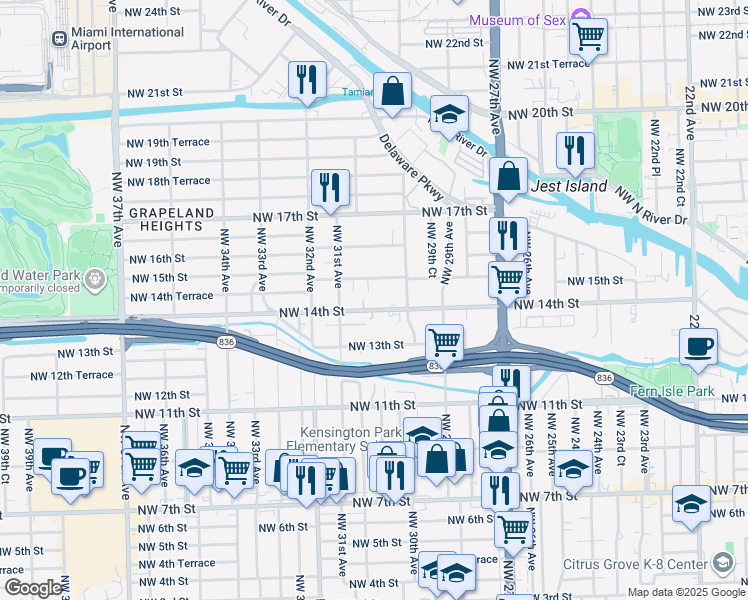map of restaurants, bars, coffee shops, grocery stores, and more near 3070 Northwest 14th Street in Miami