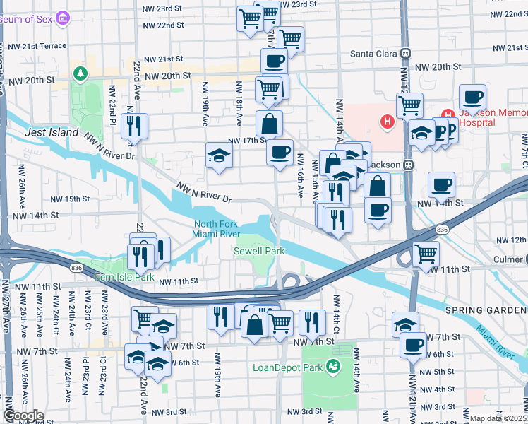 map of restaurants, bars, coffee shops, grocery stores, and more near 1700 Northwest North River Drive in Miami