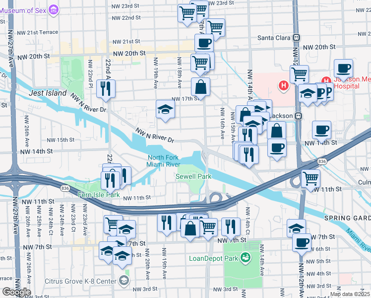map of restaurants, bars, coffee shops, grocery stores, and more near 1750 Northwest North River Drive in Miami