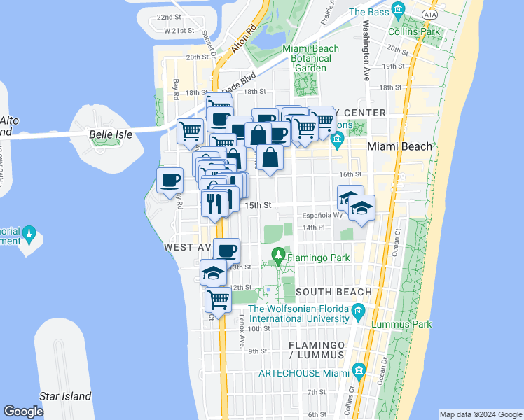 map of restaurants, bars, coffee shops, grocery stores, and more near 1432 Michigan Avenue in Miami Beach