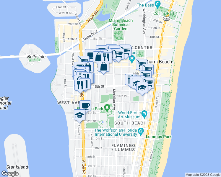 map of restaurants, bars, coffee shops, grocery stores, and more near 1434 Jefferson Avenue in Miami Beach