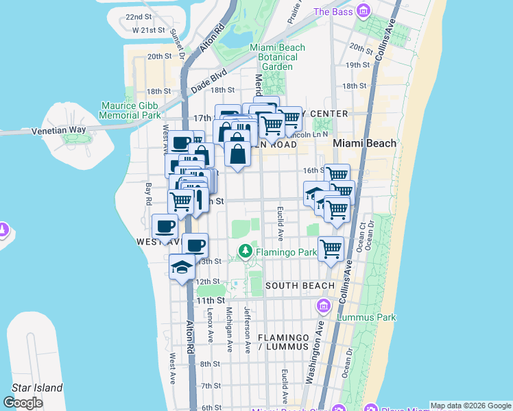 map of restaurants, bars, coffee shops, grocery stores, and more near 1434 Jefferson Avenue in Miami Beach
