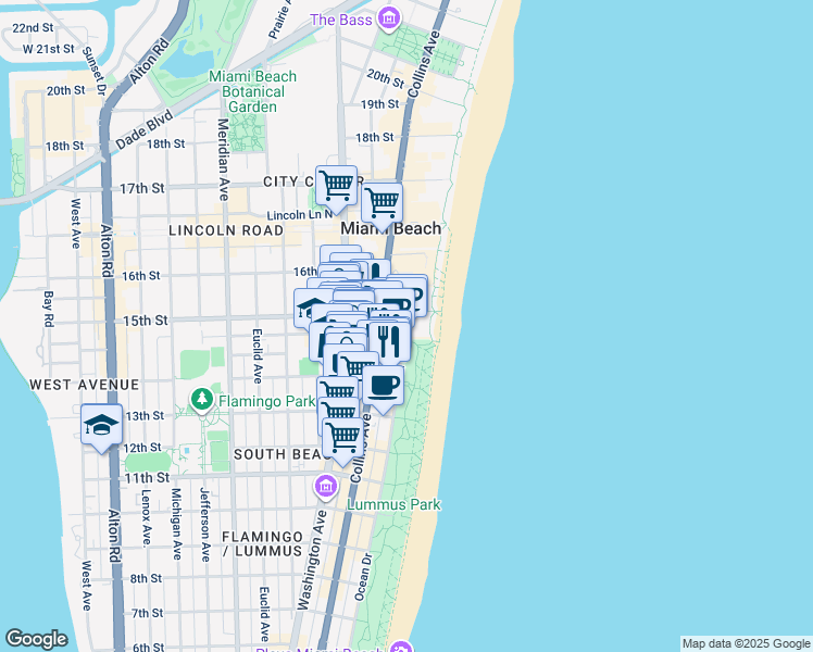 map of restaurants, bars, coffee shops, grocery stores, and more near 1455 Ocean Drive in Miami Beach