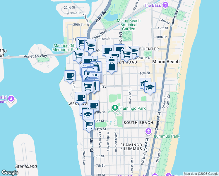 map of restaurants, bars, coffee shops, grocery stores, and more near 1432 Michigan Avenue in Miami Beach