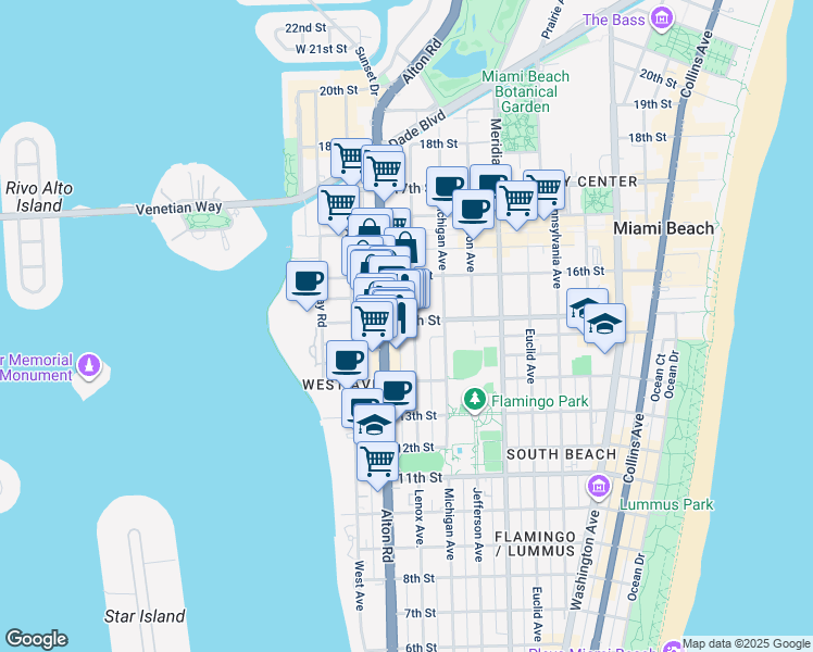 map of restaurants, bars, coffee shops, grocery stores, and more near 1439 Alton Road in Miami Beach