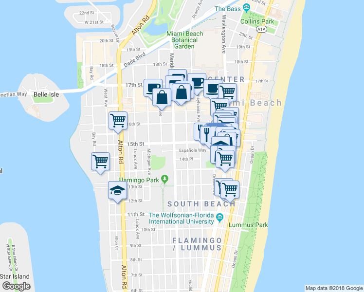 map of restaurants, bars, coffee shops, grocery stores, and more near 735 14th Place in Miami Beach