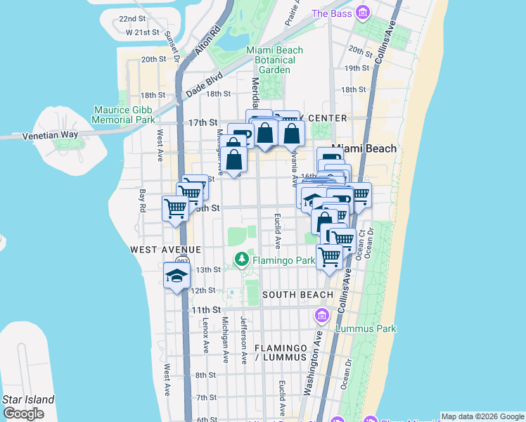 map of restaurants, bars, coffee shops, grocery stores, and more near 735 14th Place in Miami Beach