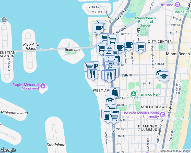 map of restaurants, bars, coffee shops, grocery stores, and more near 1428 Bay Road in Miami Beach