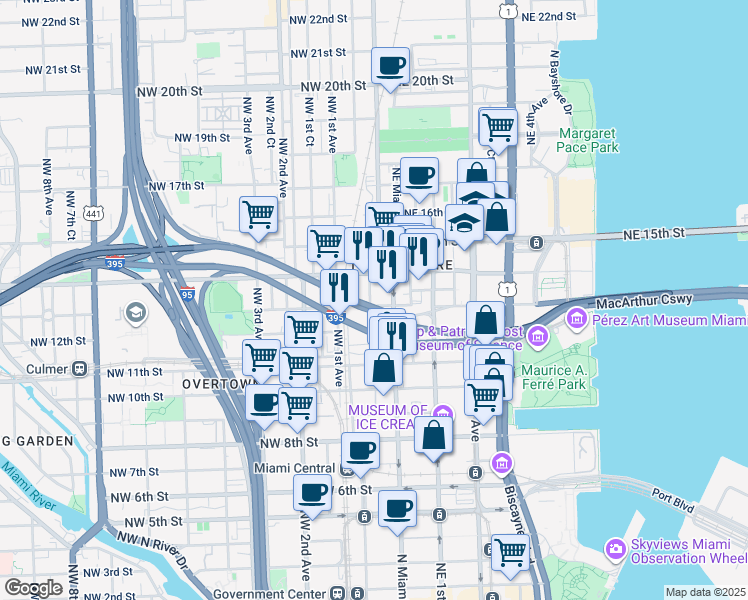 map of restaurants, bars, coffee shops, grocery stores, and more near 1221 Northeast Miami Court in Miami