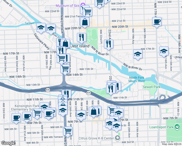 map of restaurants, bars, coffee shops, grocery stores, and more near in Miami