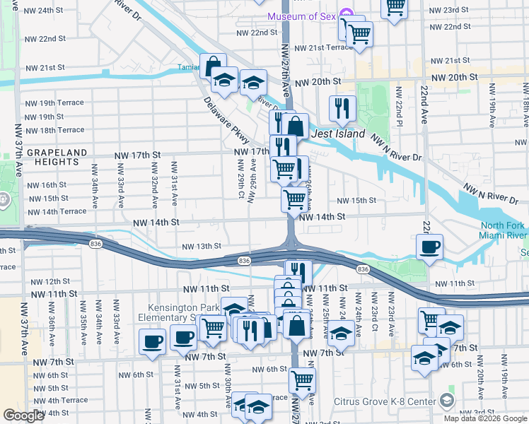 map of restaurants, bars, coffee shops, grocery stores, and more near 1387 Northwest 28th Avenue in Miami
