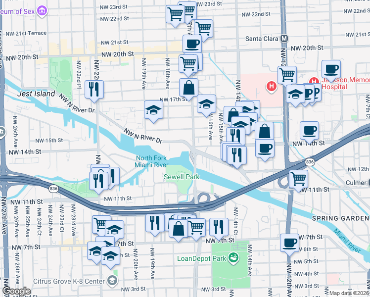 map of restaurants, bars, coffee shops, grocery stores, and more near 1750 Northwest North River Drive in Miami