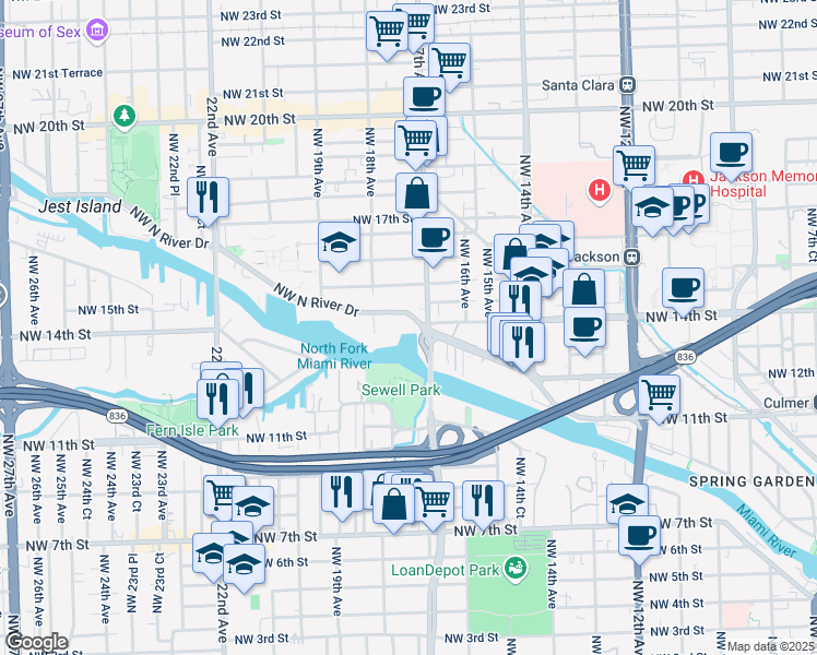 map of restaurants, bars, coffee shops, grocery stores, and more near 1750 Northwest North River Drive in Miami