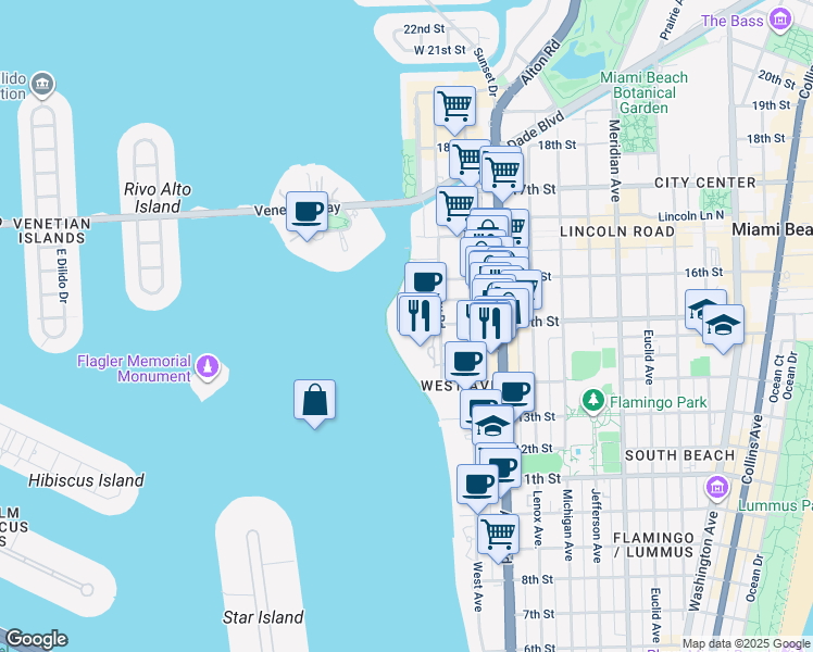 map of restaurants, bars, coffee shops, grocery stores, and more near 1504 Bay Road in Miami Beach
