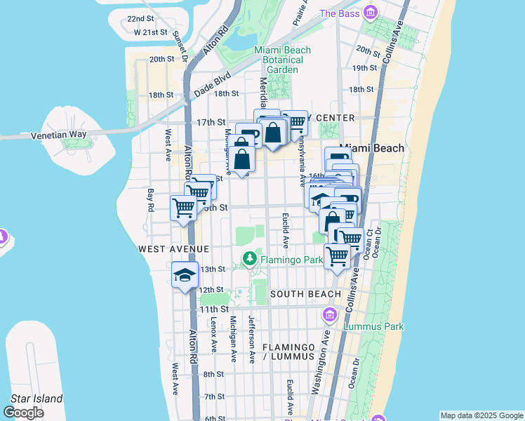 map of restaurants, bars, coffee shops, grocery stores, and more near 735 14th Place in Miami Beach