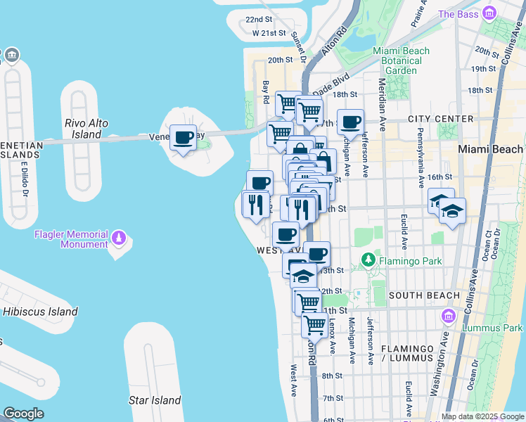 map of restaurants, bars, coffee shops, grocery stores, and more near 1428 Bay Road in Miami Beach