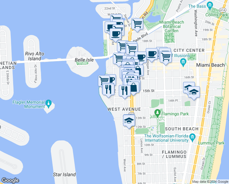 map of restaurants, bars, coffee shops, grocery stores, and more near 1460 15th Street in Miami Beach