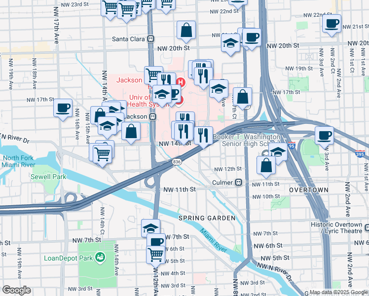 map of restaurants, bars, coffee shops, grocery stores, and more near 1050 Northwest 14th Street in Miami