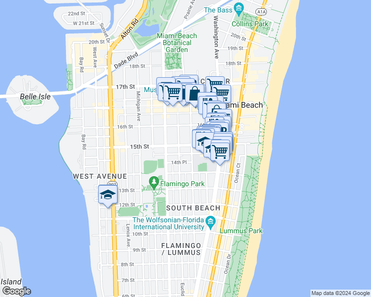 map of restaurants, bars, coffee shops, grocery stores, and more near 1526 Pennsylvania Avenue in Miami Beach