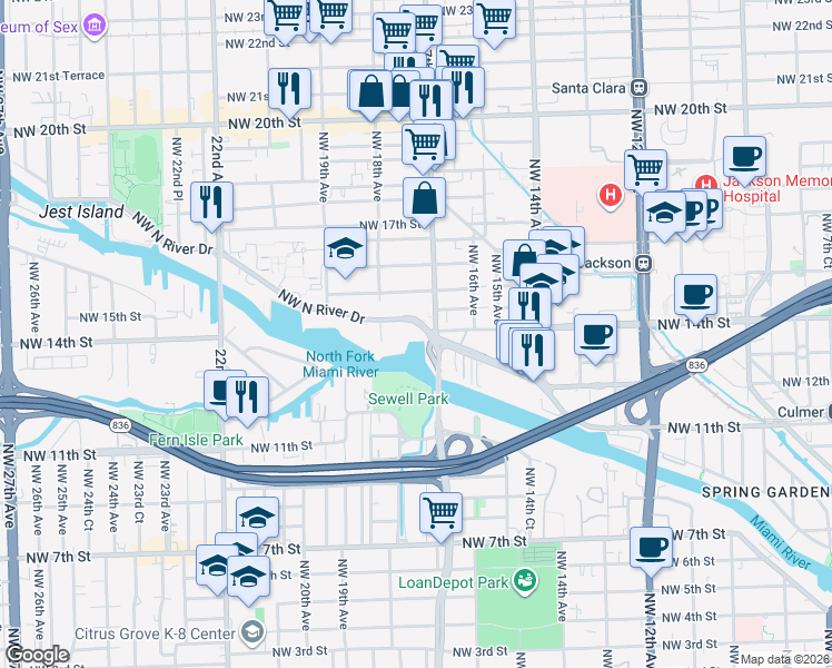 map of restaurants, bars, coffee shops, grocery stores, and more near 1769 Northwest North River Drive in Miami