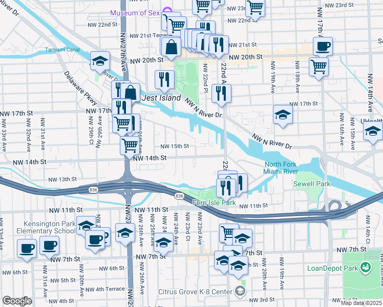 map of restaurants, bars, coffee shops, grocery stores, and more near 2303 Northwest 15th Street in Miami