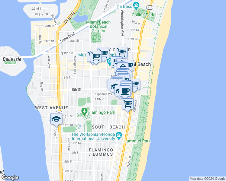 map of restaurants, bars, coffee shops, grocery stores, and more near 516 15th Street in Miami Beach
